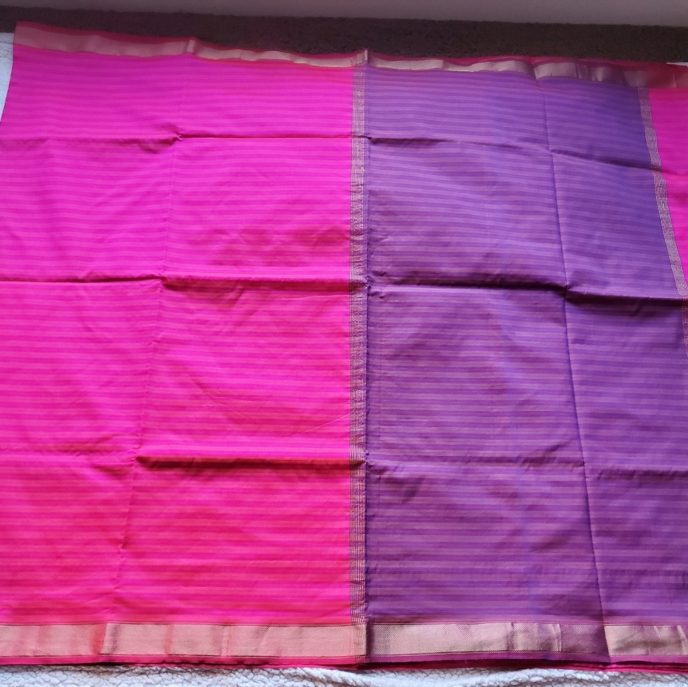 Vibrant Pink and Purple Striped Silk Cotton Saree